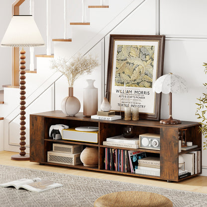 59 Inch Walnut Wood TV Stand, Console Storage Entertainment Media