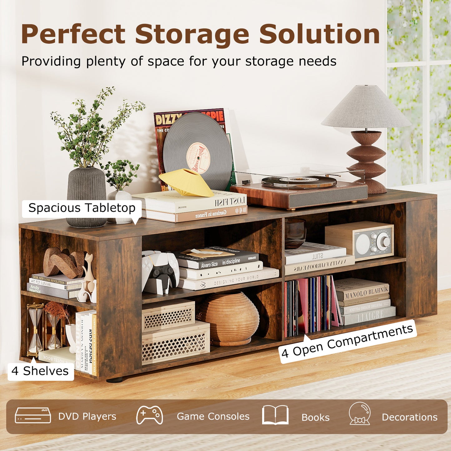 59 Inch Walnut Wood TV Stand, Console Storage Entertainment Media