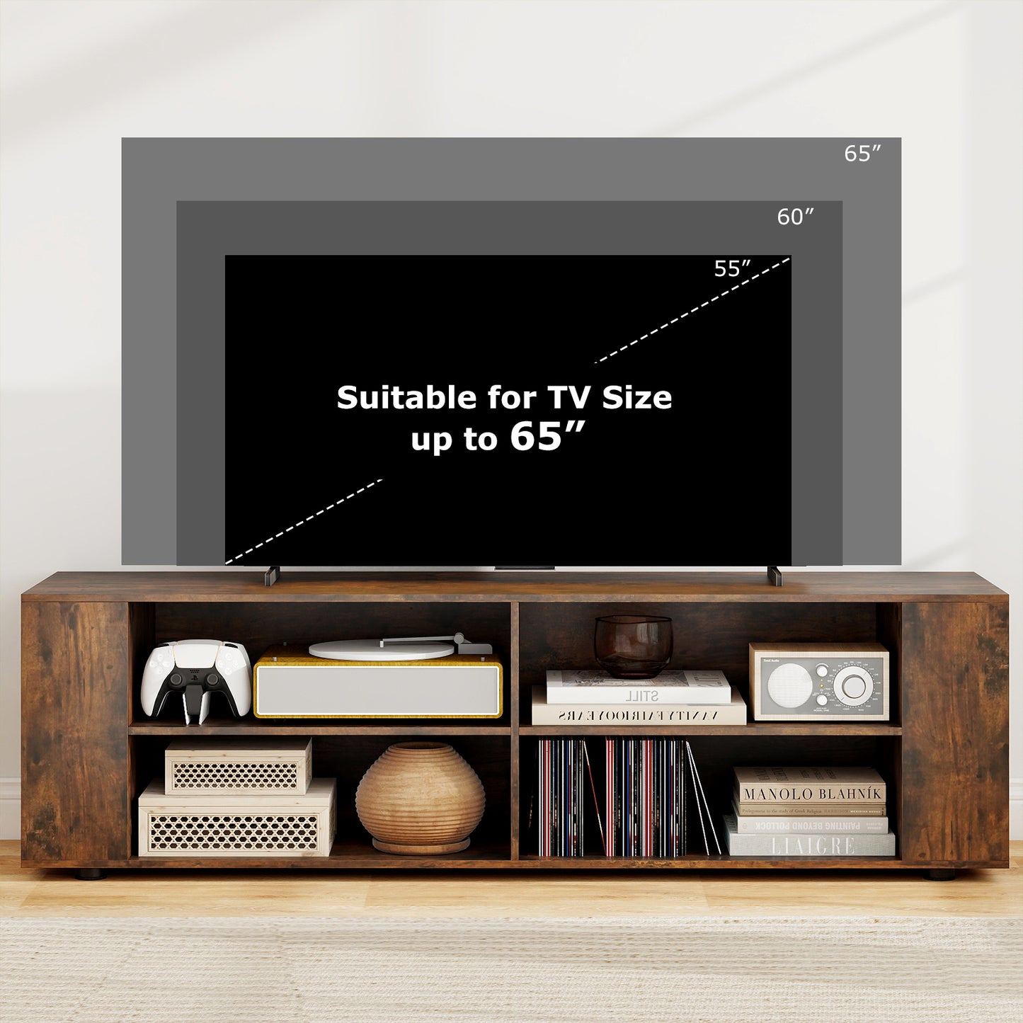 59 Inch Walnut Wood TV Stand, Console Storage Entertainment Media