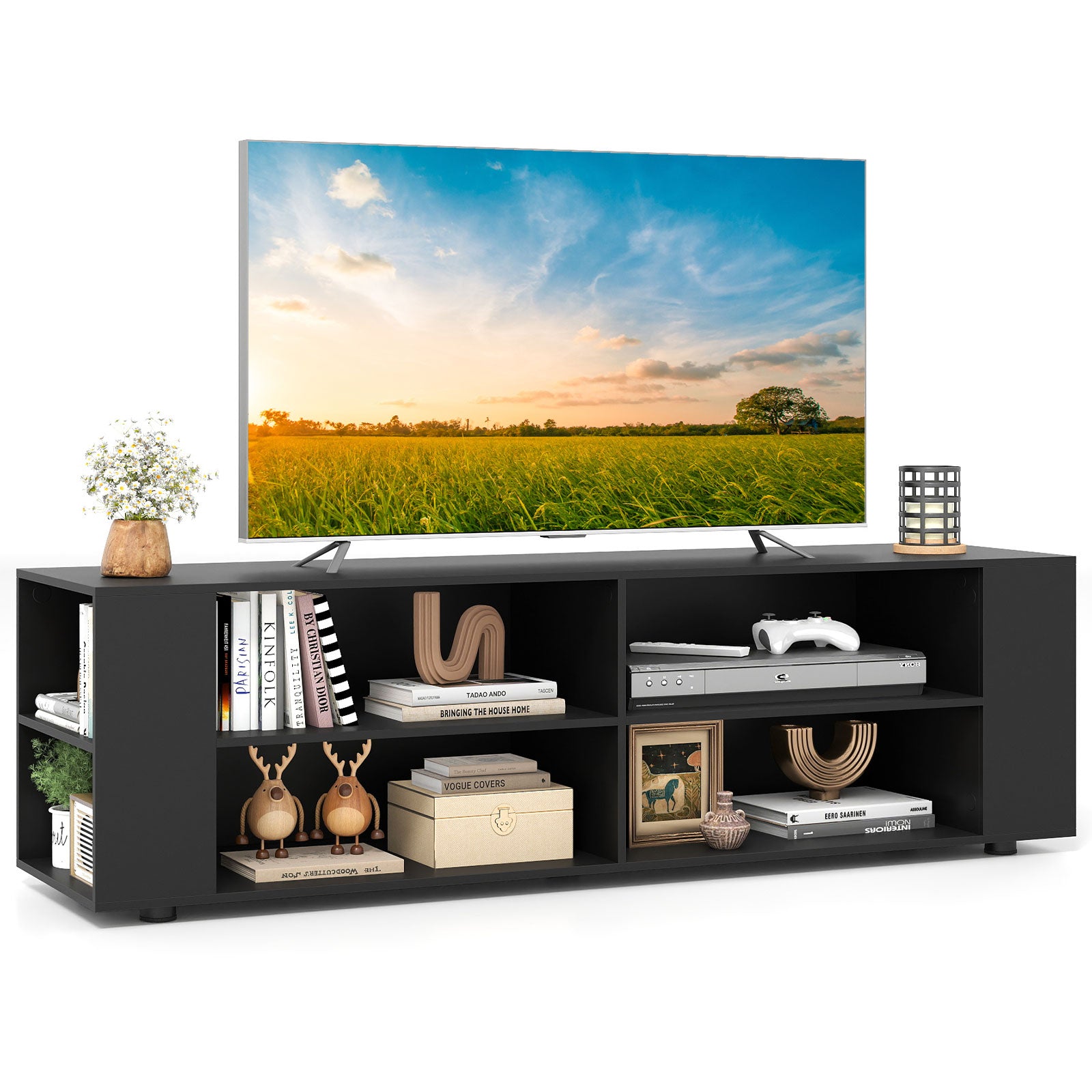 59 Inch Wood TV Stand, Console Storage Entertainment Media, Black Entertainment Centers & TV Stands Black at Gallery Canada