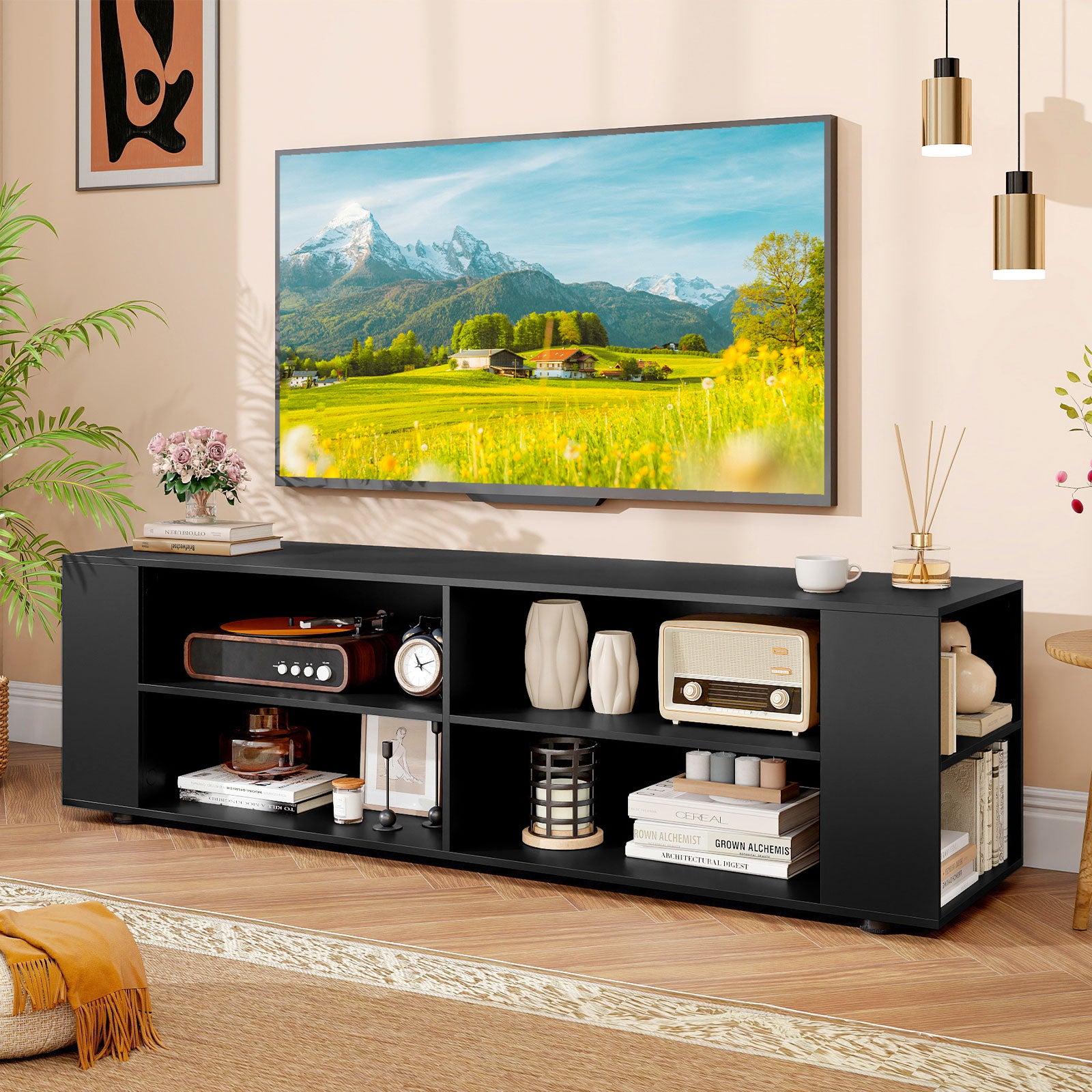 59 Inch Wood TV Stand, Console Storage Entertainment Media, Black Entertainment Centers & TV Stands at Gallery Canada