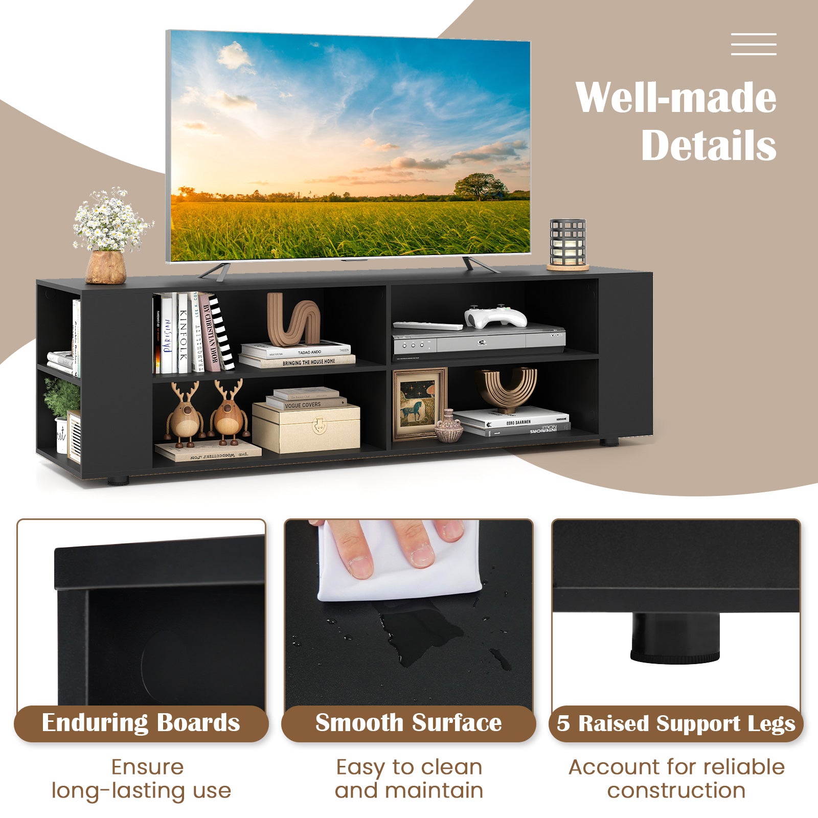59 Inch Wood TV Stand, Console Storage Entertainment Media, Black Entertainment Centers & TV Stands at Gallery Canada