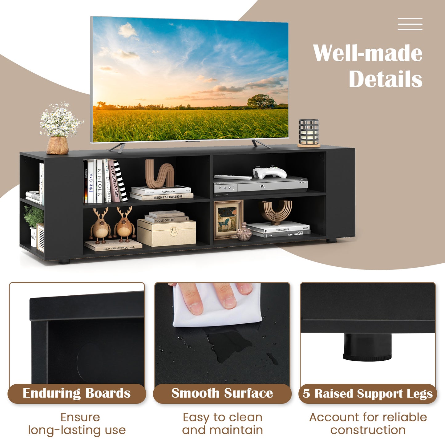 59 Inch Wood TV Stand, Console Storage Entertainment Media, Black Entertainment Centers & TV Stands at Gallery Canada