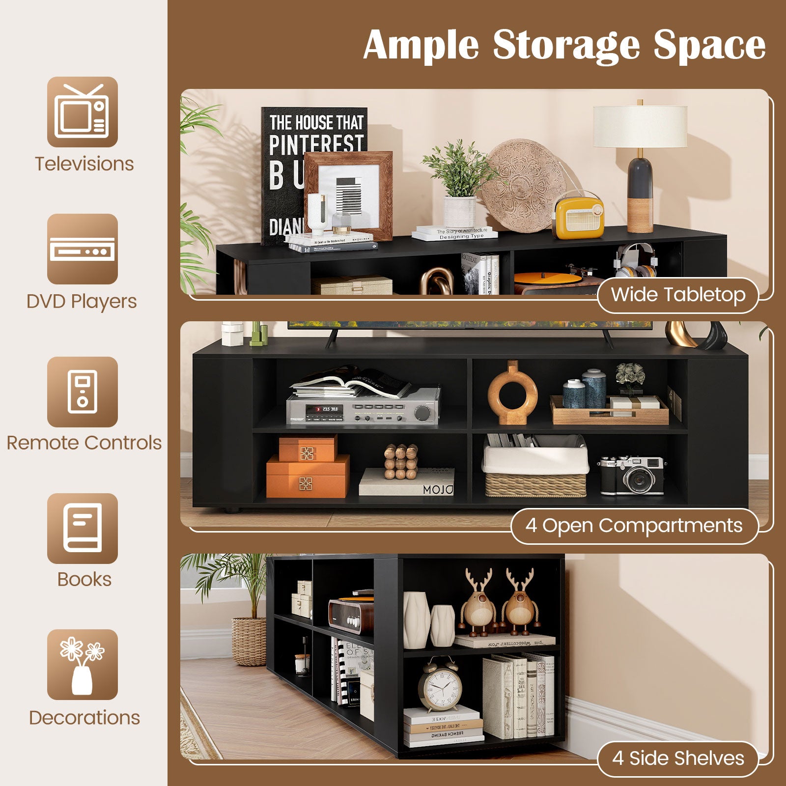 59 Inch Wood TV Stand, Console Storage Entertainment Media, Black Entertainment Centers & TV Stands at Gallery Canada