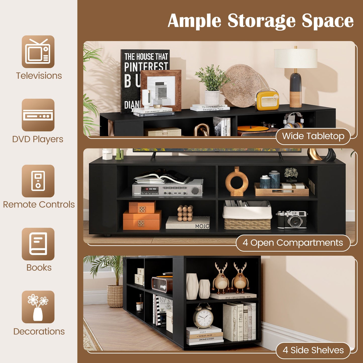 59 Inch Wood TV Stand, Console Storage Entertainment Media, Black Entertainment Centers & TV Stands at Gallery Canada