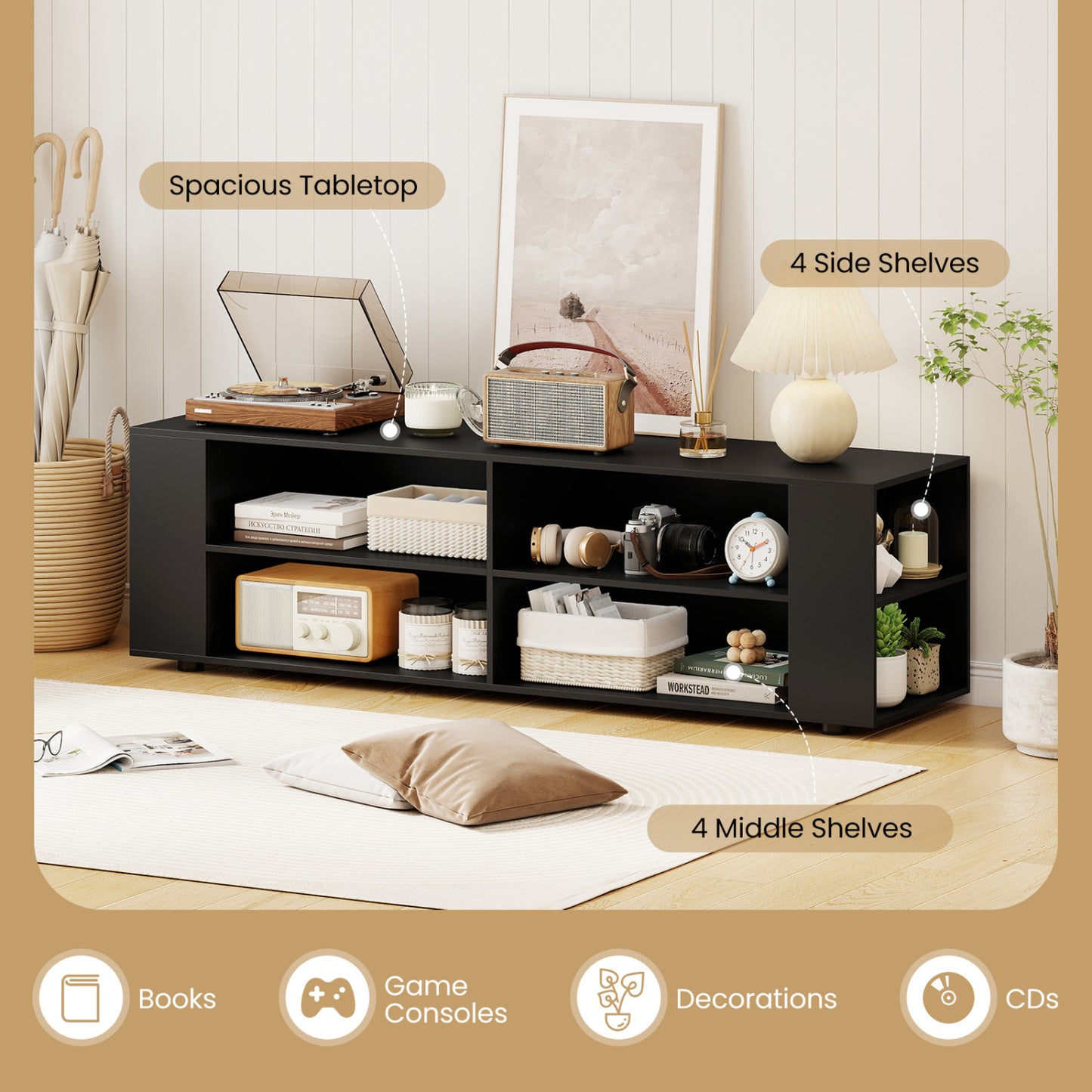 59 Inch Wood TV Stand, Console Storage Entertainment Media, Black Entertainment Centers & TV Stands at Gallery Canada