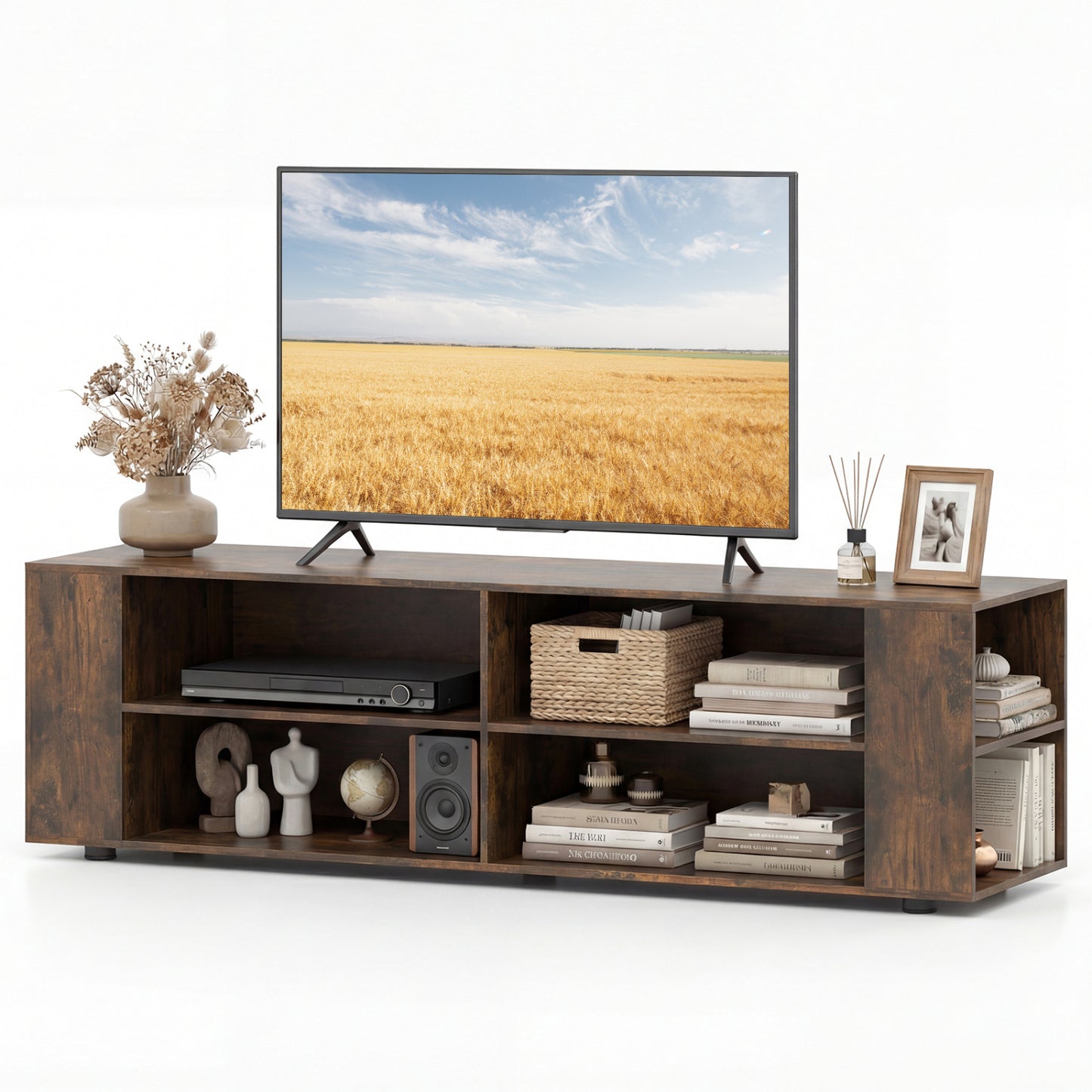 59 Inch Walnut Wood TV Stand, Console Storage Entertainment Media Entertainment Centers & TV Stands at Gallery Canada