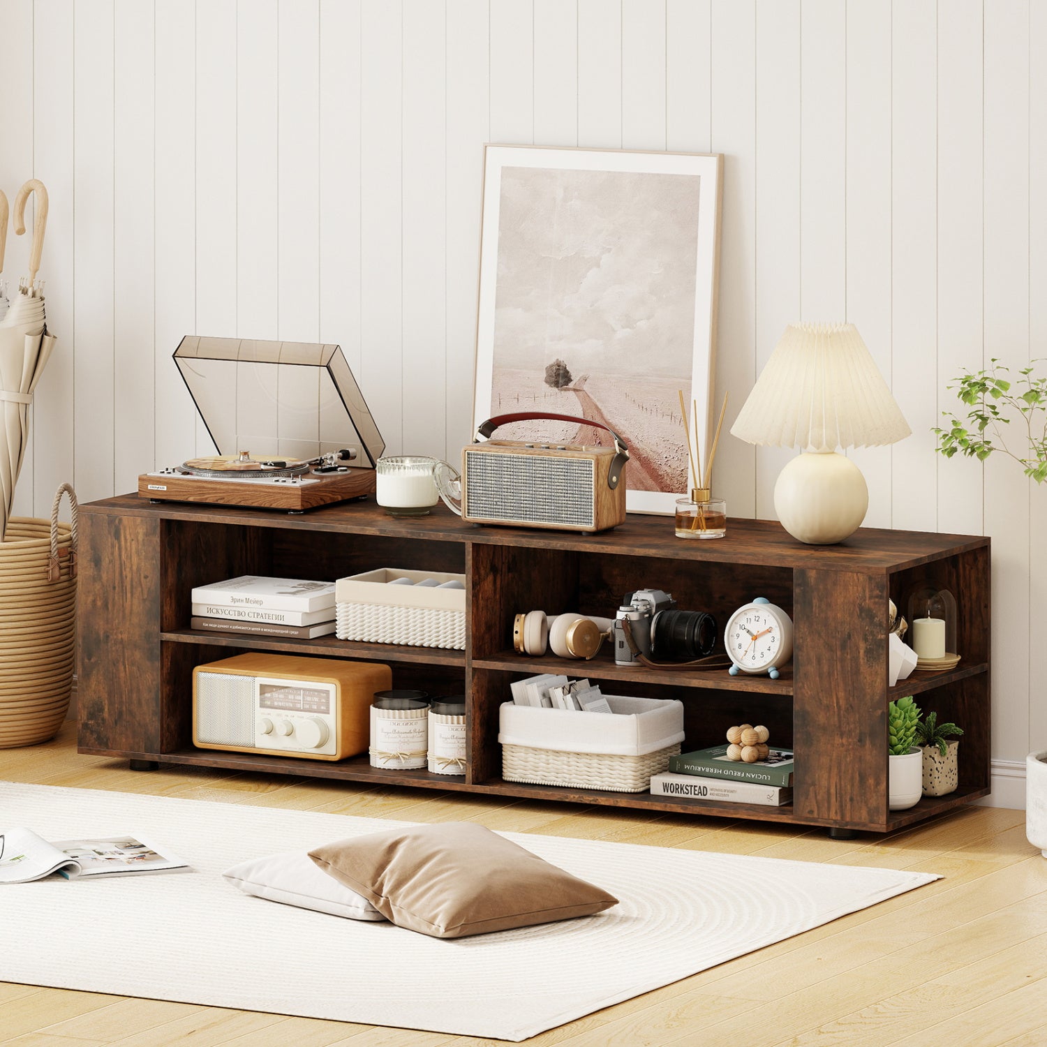 59 Inch Walnut Wood TV Stand, Console Storage Entertainment Media Entertainment Centers & TV Stands at Gallery Canada
