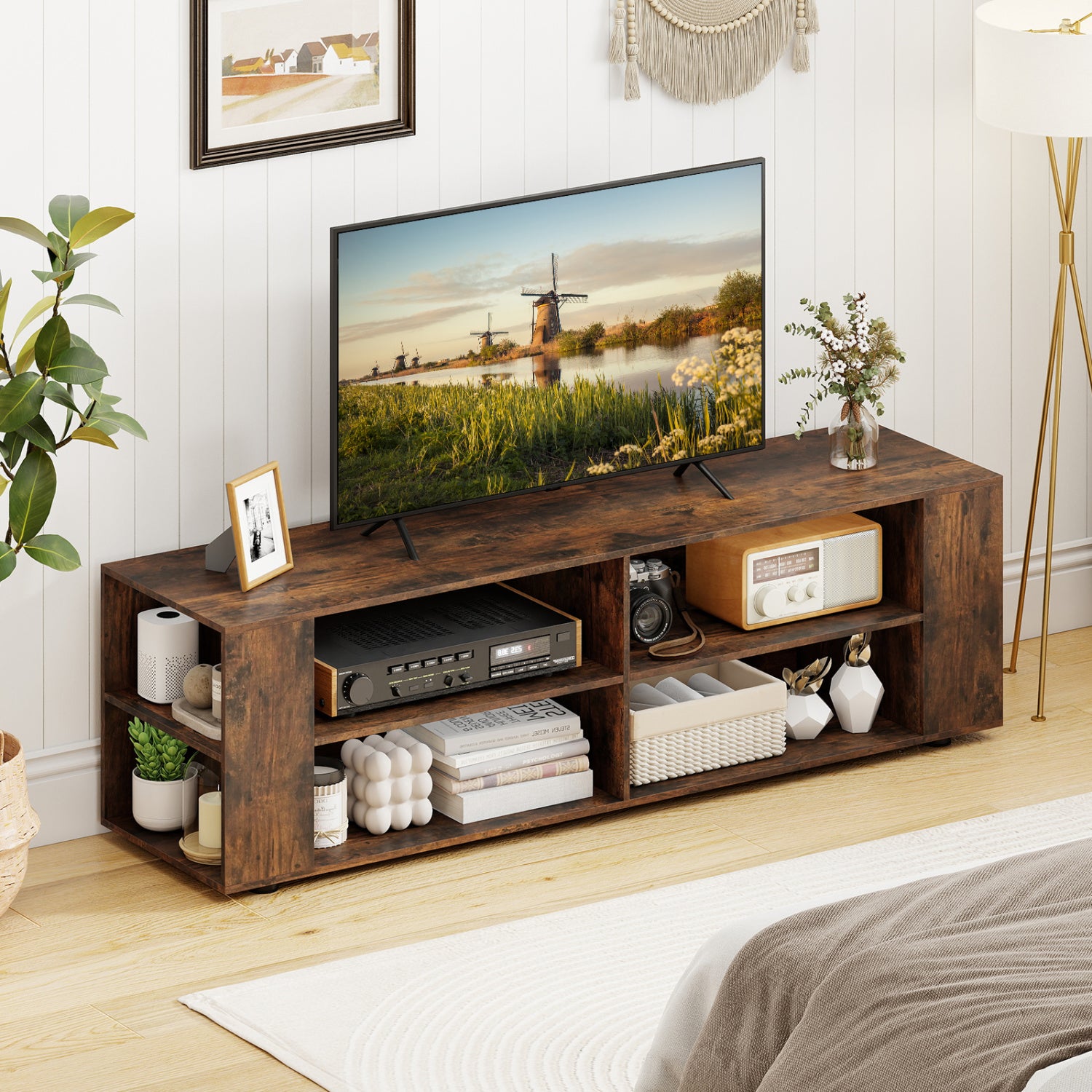 59 Inch Walnut Wood TV Stand, Console Storage Entertainment Media Entertainment Centers & TV Stands at Gallery Canada