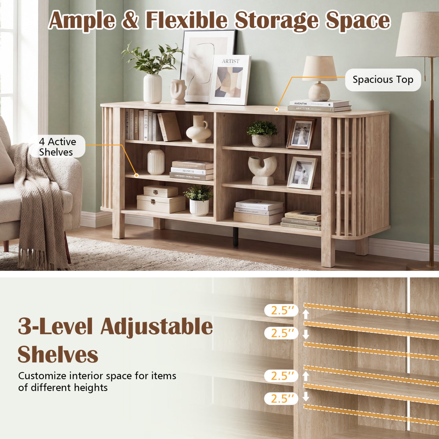59 Inch TV Stand, Adjustable Shelves, Natural Entertainment Centers & TV Stands at Gallery Canada