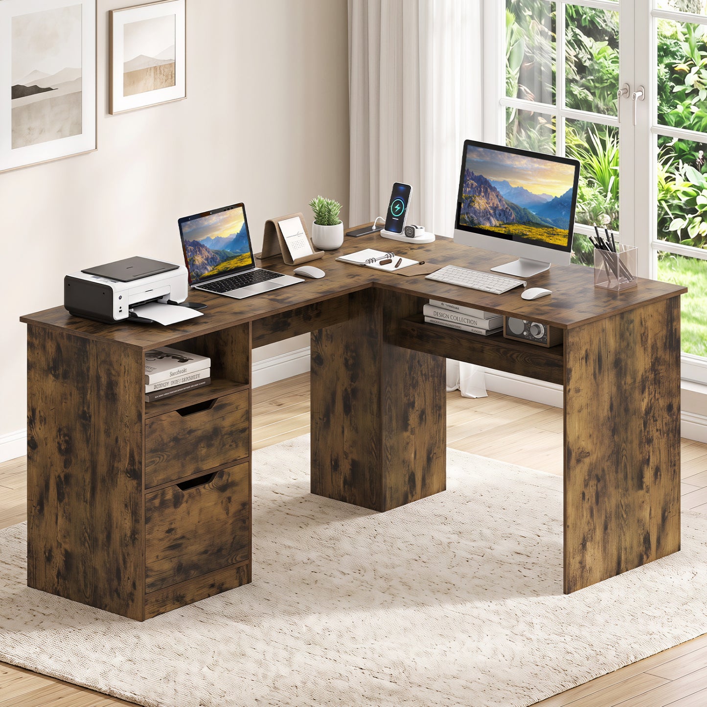 Bureau de direction en forme de L, 59", Brun rustique