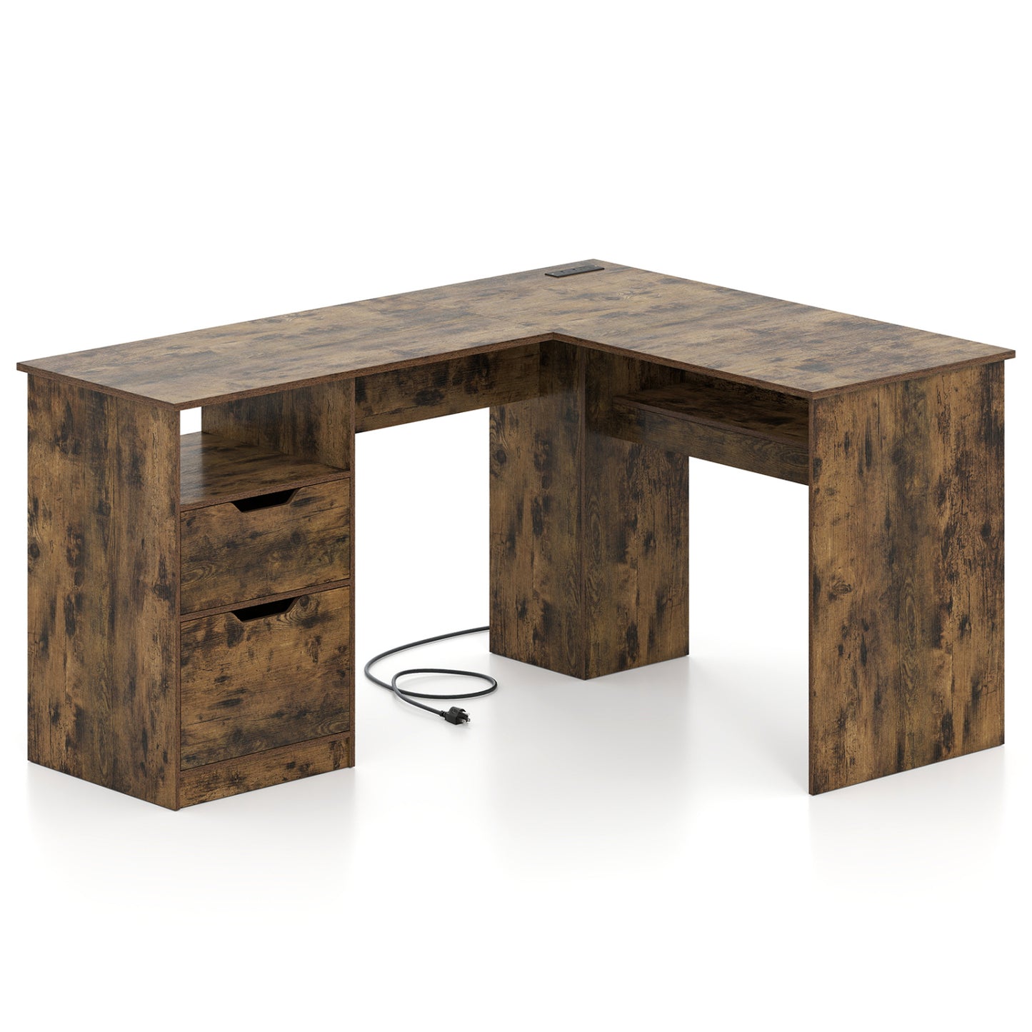 Bureau de direction en forme de L, 59", Brun rustique