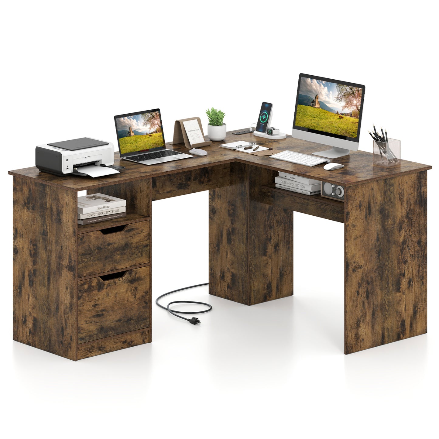 Bureau de direction en forme de L, 59", Brun rustique