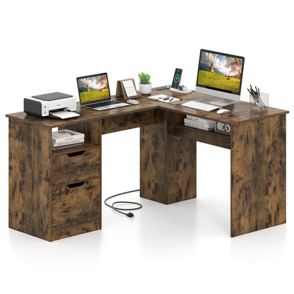 Bureau de direction en forme de L, 59", Brun rustique