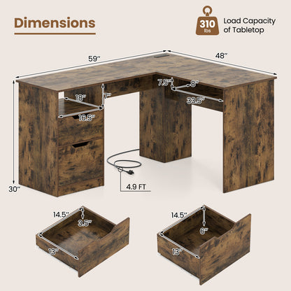 Bureau de direction en forme de L, 59", Brun rustique