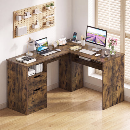Bureau de direction en forme de L, 59", Brun rustique