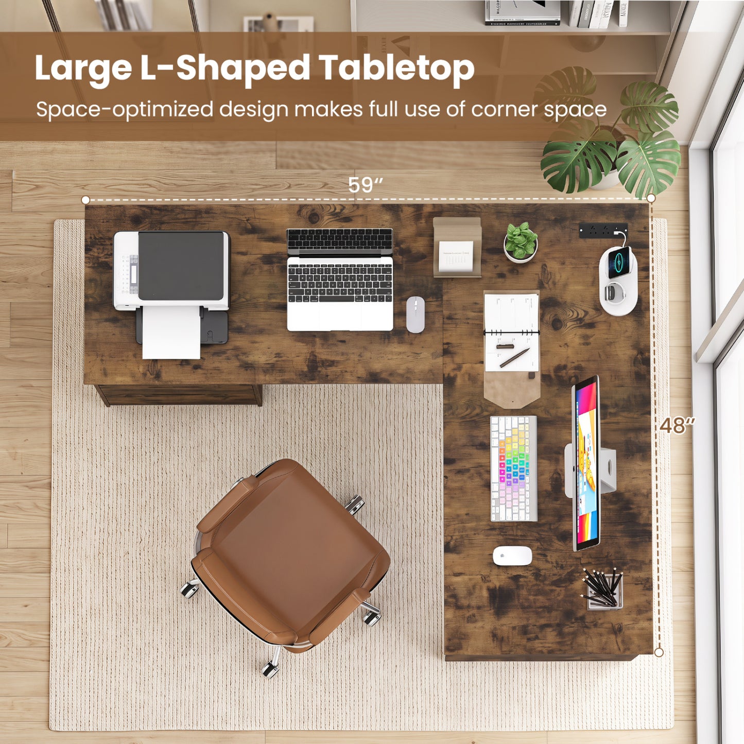 Bureau de direction en forme de L, 59", Brun rustique
