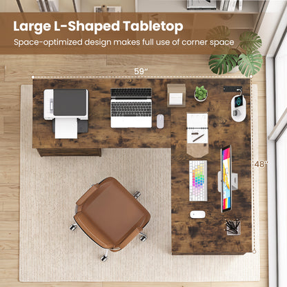 Bureau de direction en forme de L, 59", Brun rustique