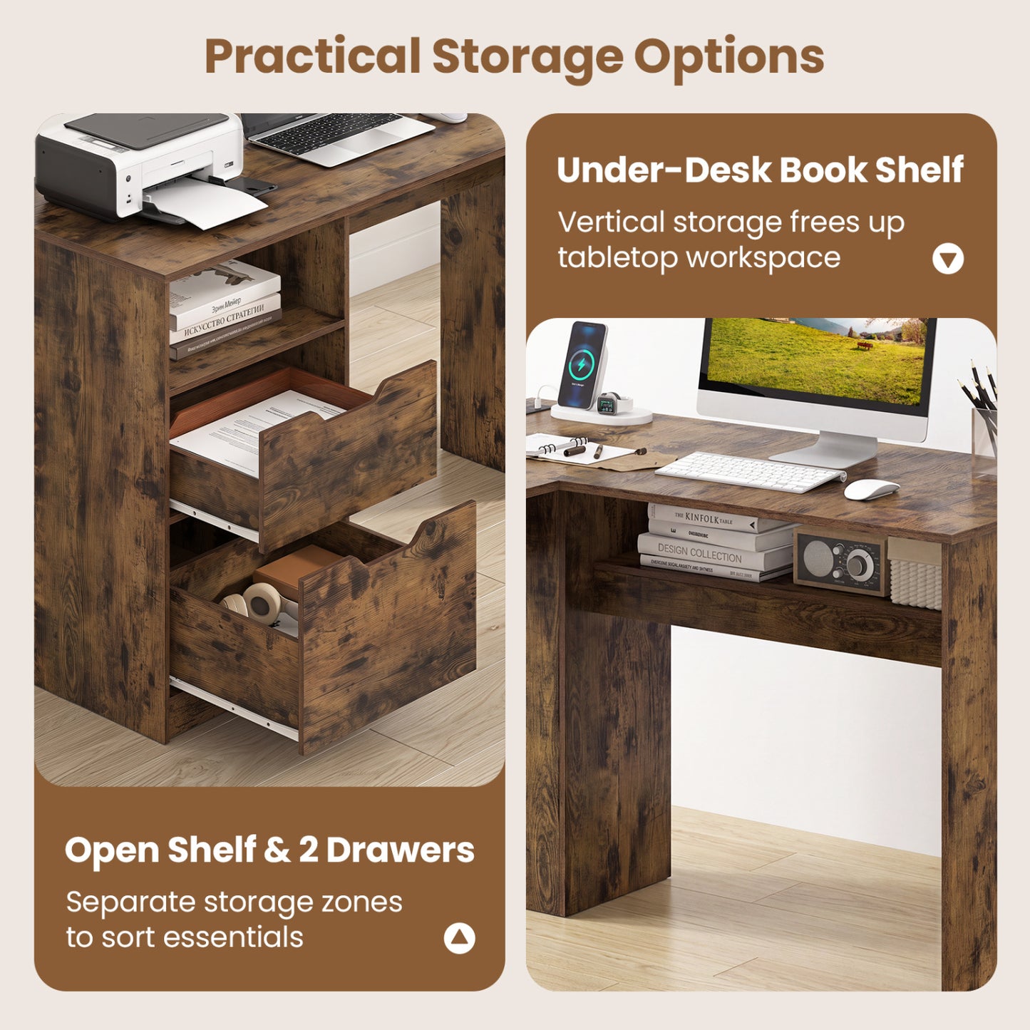 Bureau de direction en forme de L, 59", Brun rustique