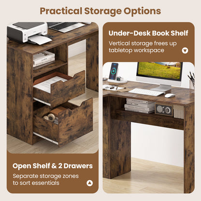 Bureau de direction en forme de L, 59", Brun rustique