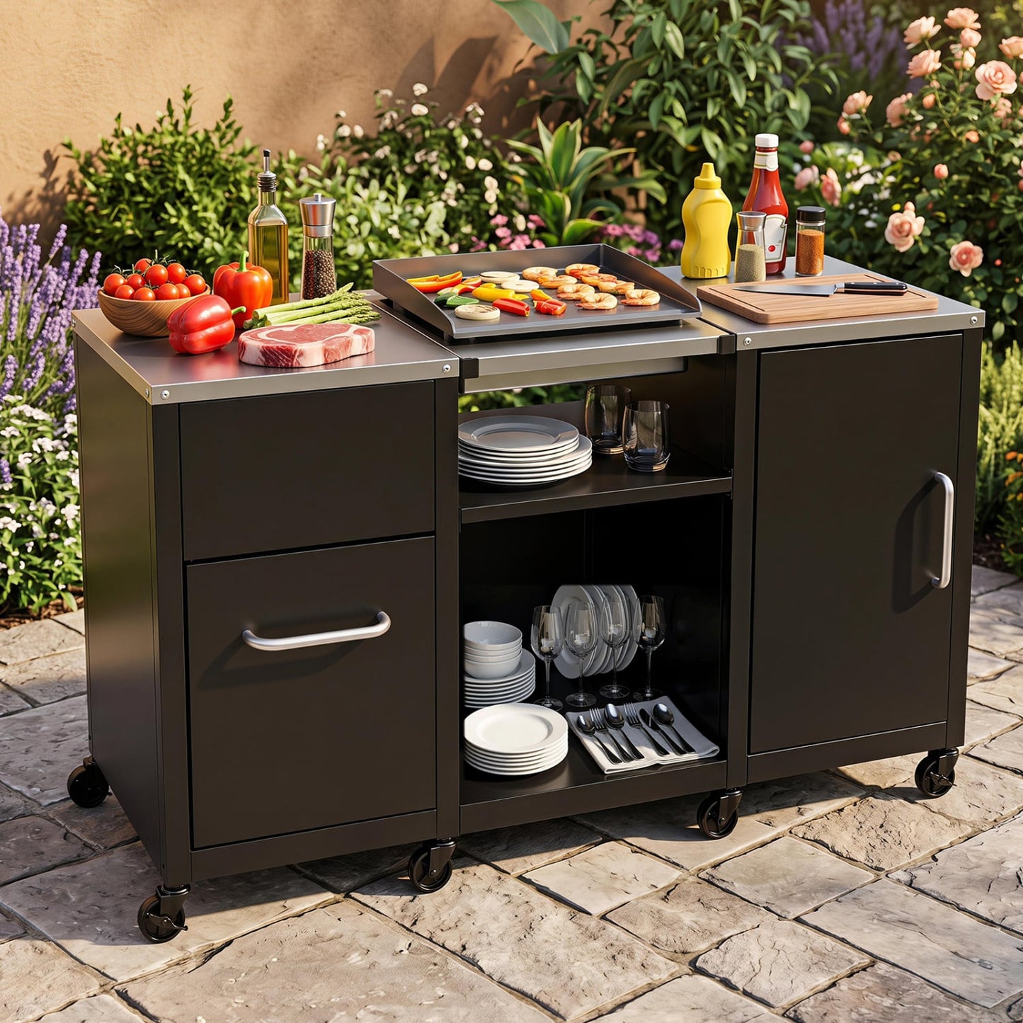 59" Outdoor Grill Table, Stainless Steel Top, Black