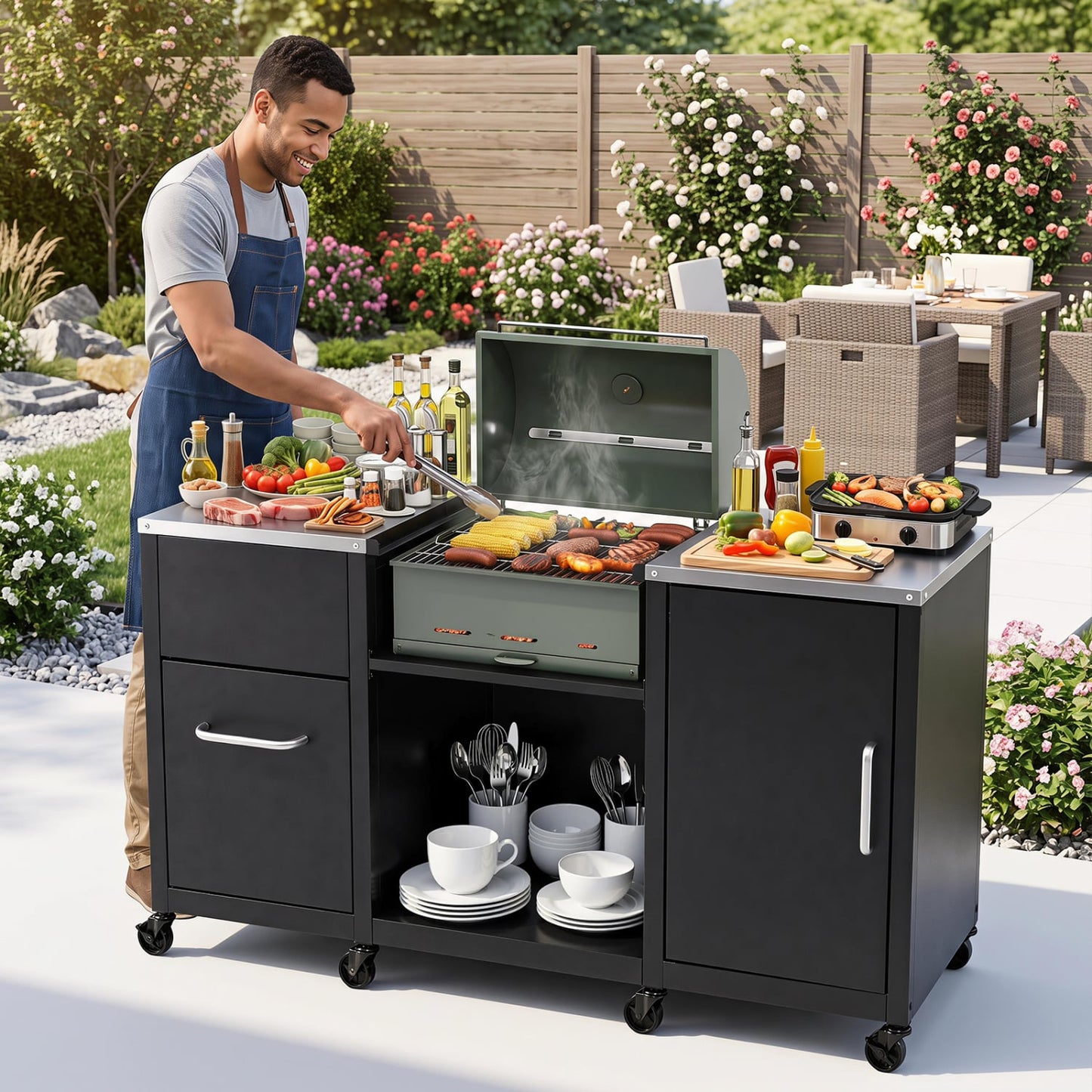 59" Outdoor Grill Table, Stainless Steel Top, Black