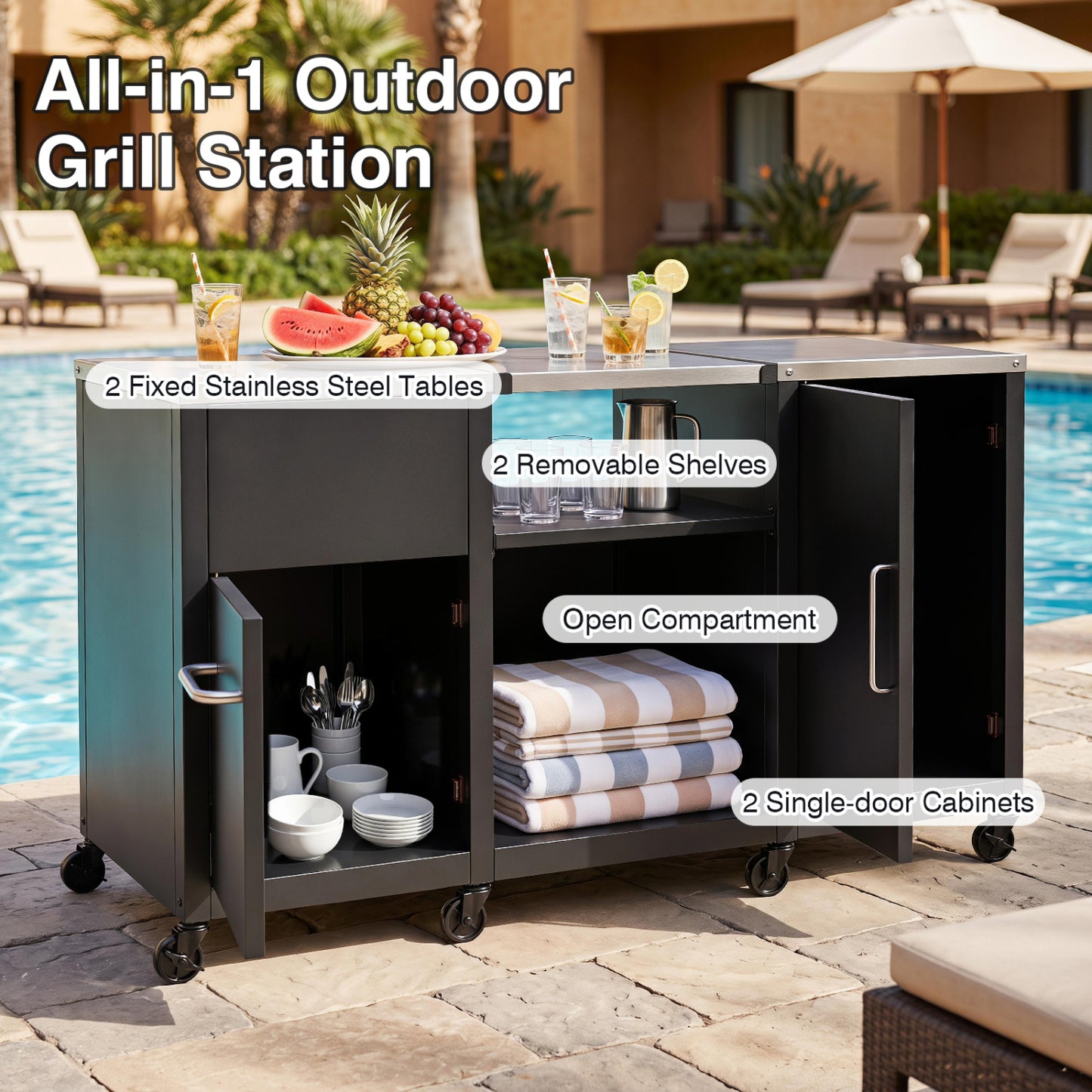 59" Outdoor Grill Table, Stainless Steel Top, Black