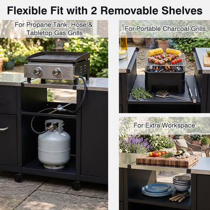 59" Outdoor Grill Table, Stainless Steel Top, Black