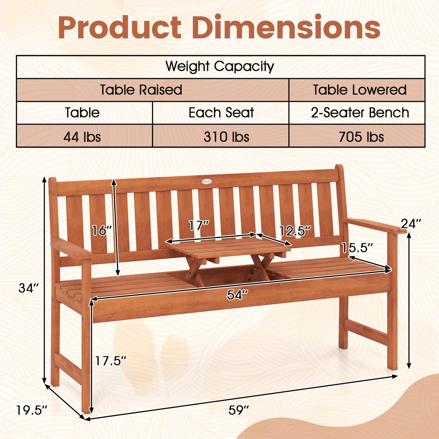 59" Outdoor Wood Garden Bench With Pull-Out Table