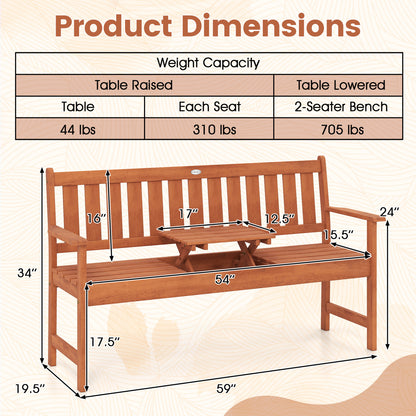 59" Outdoor Wood Garden Bench With Pull-Out Table