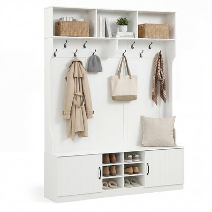 59" Wide 6-in-1 Hall Tree, Bench With Storage, White Coat Racks & Hall Trees at Gallery Canada