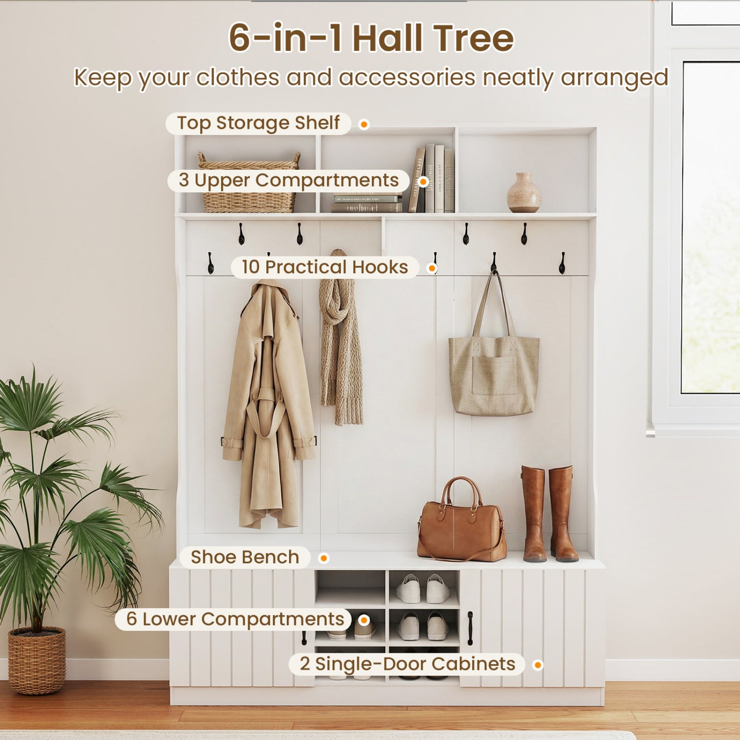 59" Wide 6-in-1 Hall Tree, Bench With Storage, White Coat Racks & Hall Trees at Gallery Canada