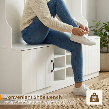 59" Wide 6-in-1 Hall Tree, Bench With Storage, White Coat Racks & Hall Trees at Gallery Canada