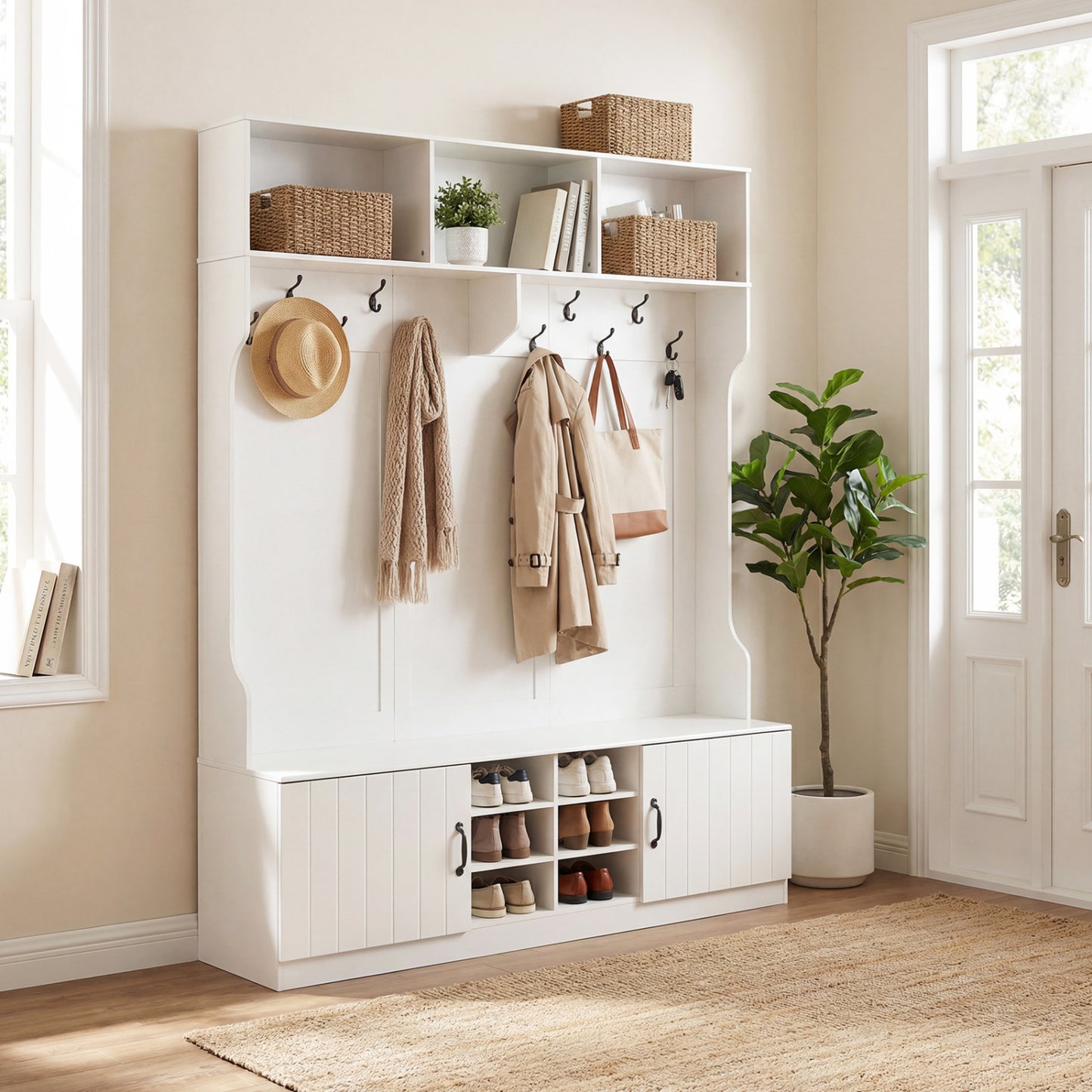59" Wide 6-in-1 Hall Tree, Bench With Storage, White Coat Racks & Hall Trees at Gallery Canada