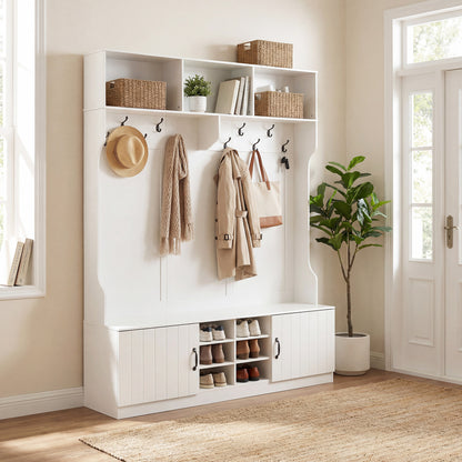 59" Wide 6-in-1 Hall Tree, Bench With Storage, White Coat Racks & Hall Trees at Gallery Canada
