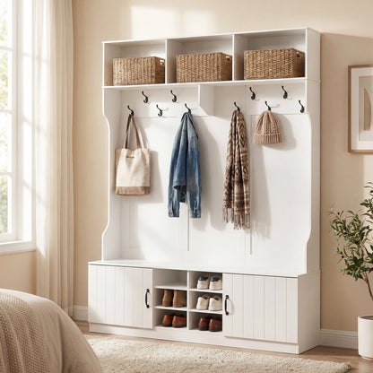 59" Wide 6-in-1 Hall Tree, Bench With Storage, White Coat Racks & Hall Trees at Gallery Canada