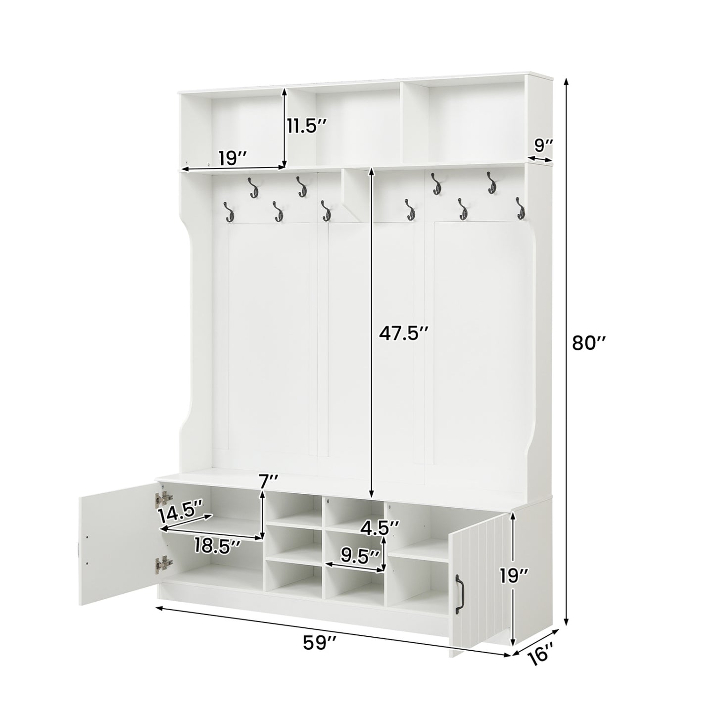 59" Wide 6-in-1 Hall Tree, Bench With Storage, White Coat Racks & Hall Trees at Gallery Canada