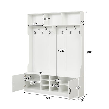 59" Wide 6-in-1 Hall Tree, Bench With Storage, White Coat Racks & Hall Trees at Gallery Canada