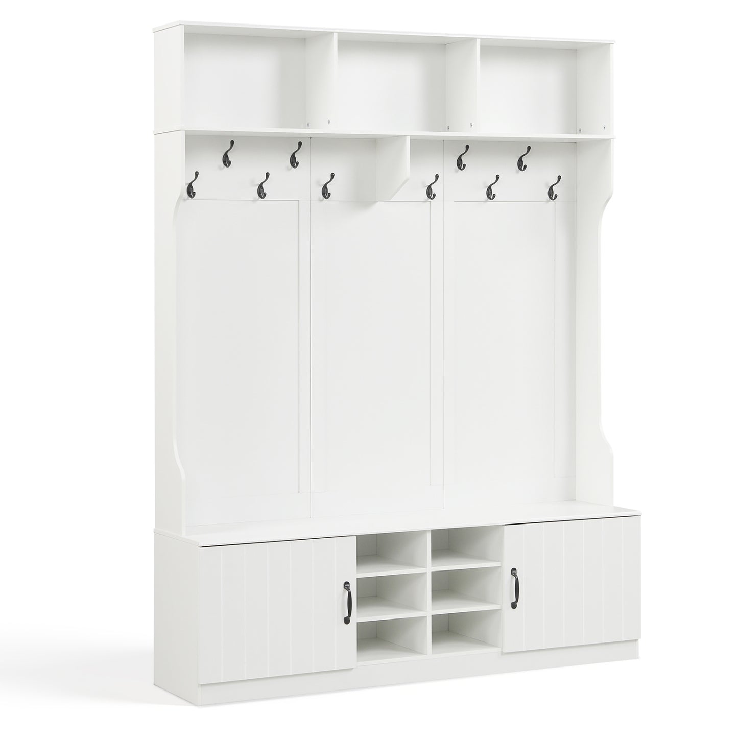 59" Wide 6-in-1 Hall Tree, Bench With Storage, White Coat Racks & Hall Trees White at Gallery Canada