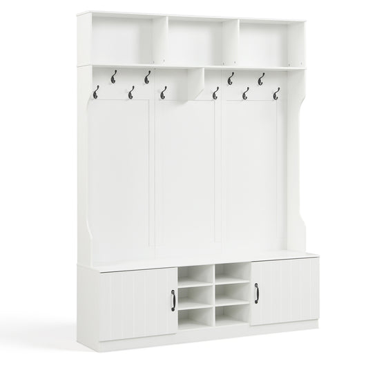 59" Wide 6-in-1 Hall Tree, Bench With Storage, White Coat Racks & Hall Trees White at Gallery Canada