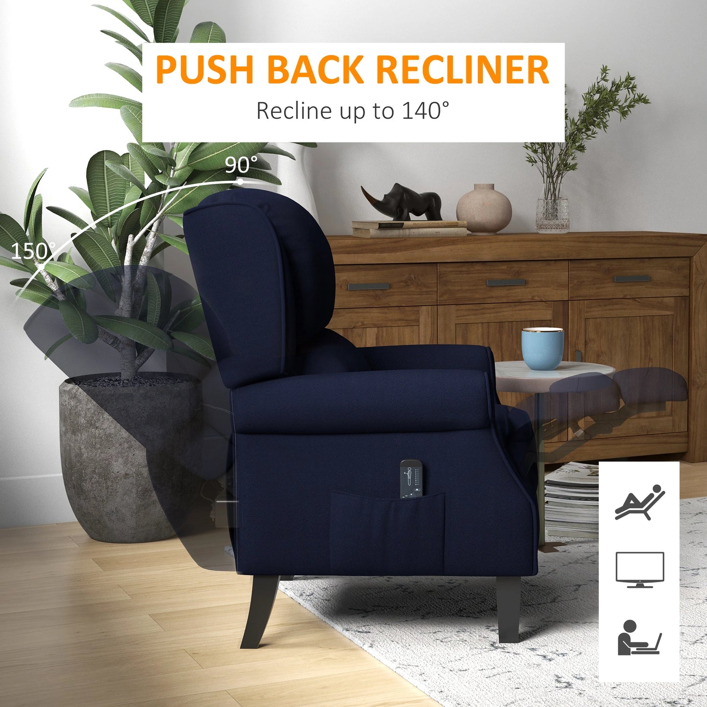 Push Back Recliner Chair, Vibration Massage, Extendable Footrest, Remote, Pocket, Blue Single Sofas at Gallery Canada
