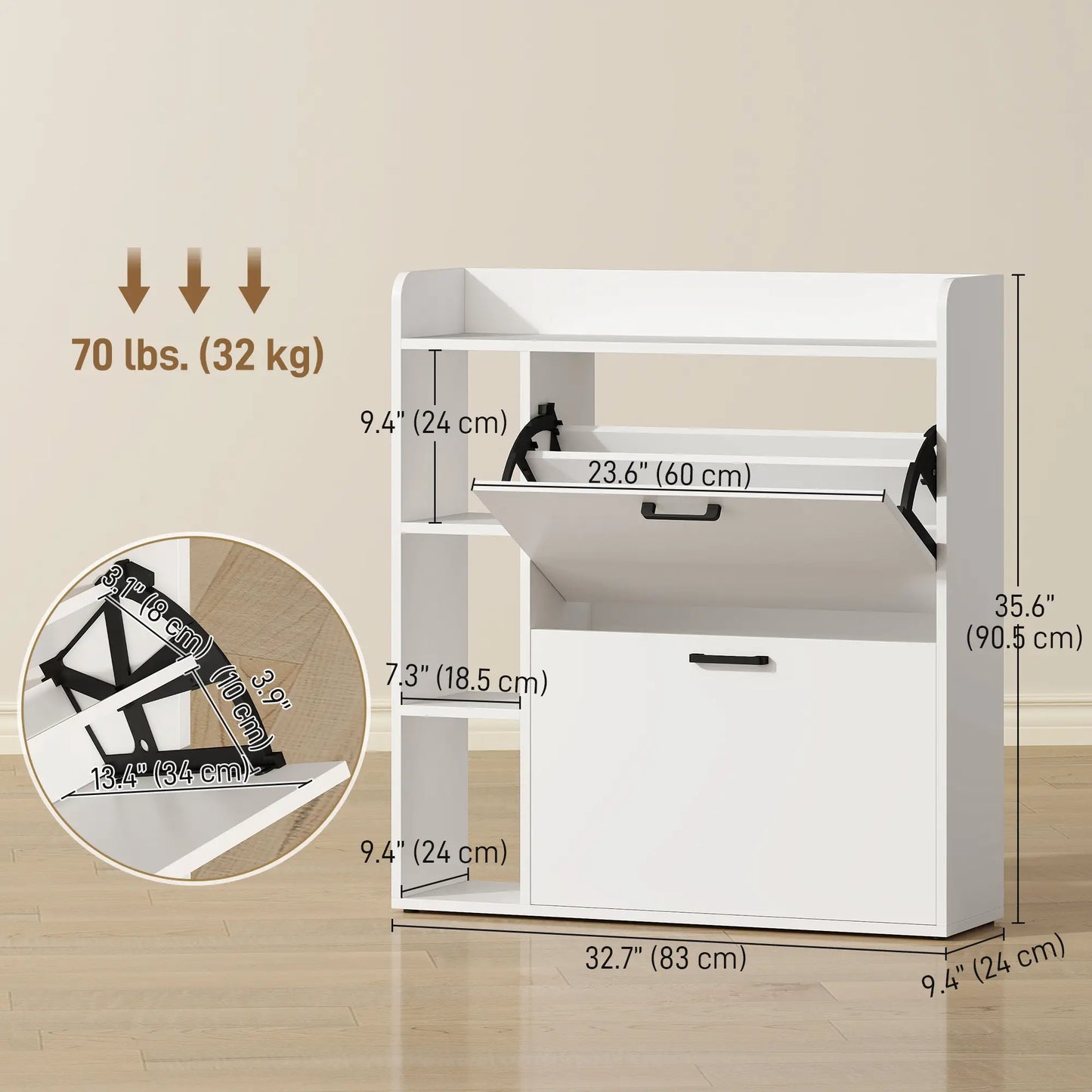 Shoe Cabinet With 2 Flip Drawers, 8-12 Pairs, White