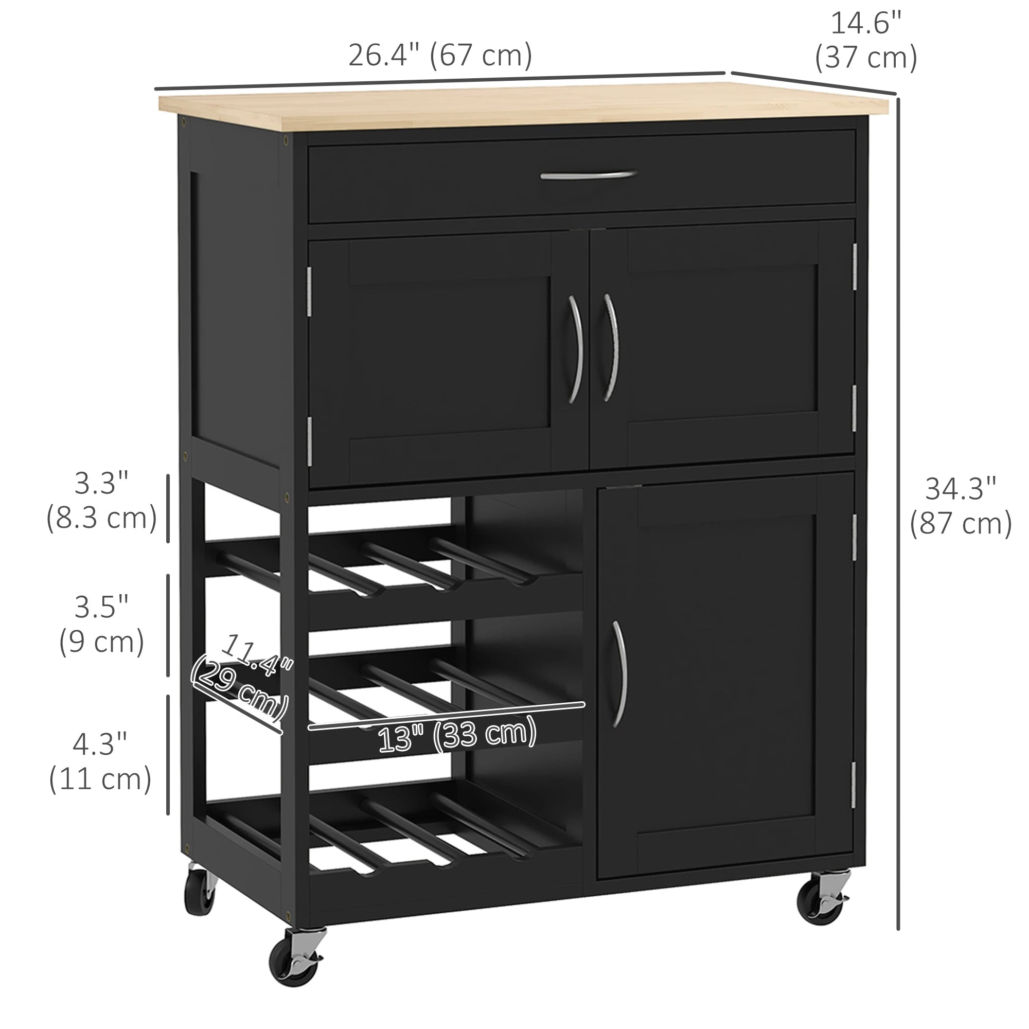 Rolling Kitchen Cart, Island with Storage Drawer, 9-Bottle Wine Rack, Black Kitchen Islands & Kitchen Carts at Gallery Canada