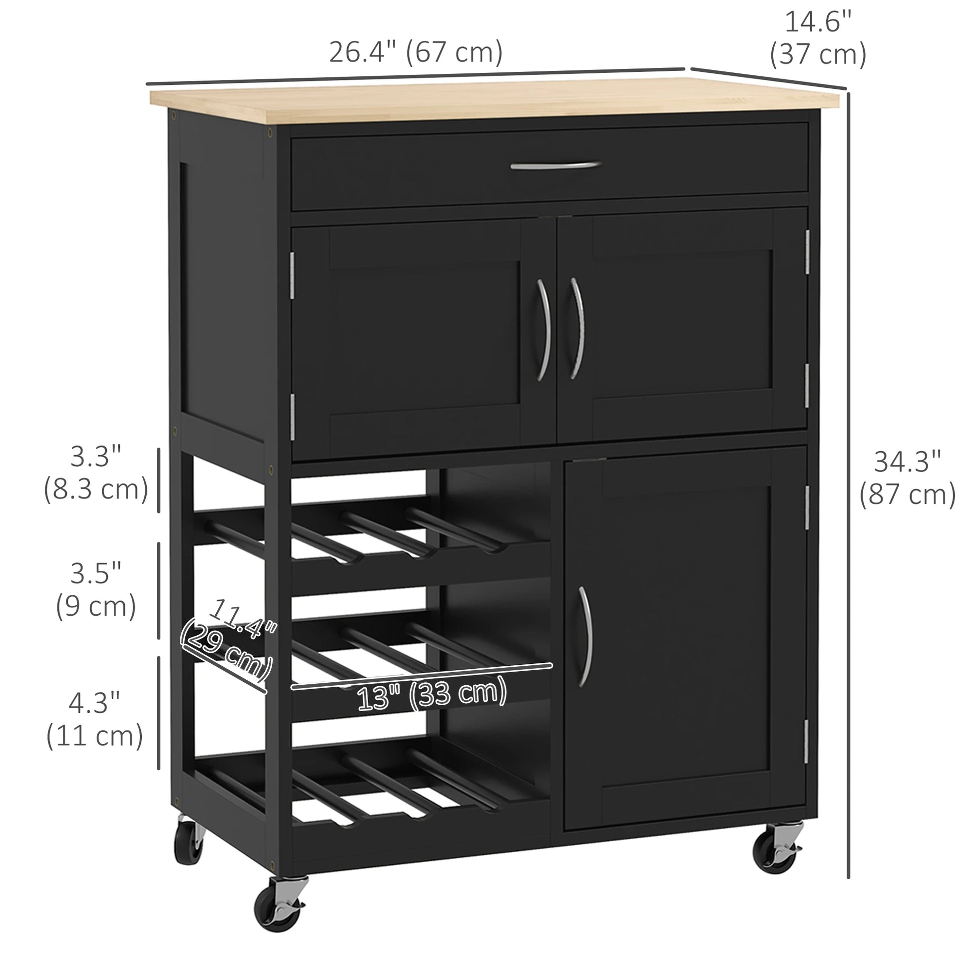 Rolling Kitchen Cart, Island with Storage Drawer, 9-Bottle Wine Rack, Black Kitchen Islands & Kitchen Carts at Gallery Canada
