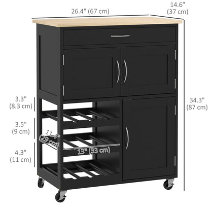 Rolling Kitchen Cart, Island with Storage Drawer, 9-Bottle Wine Rack, Black Kitchen Islands & Kitchen Carts at Gallery Canada