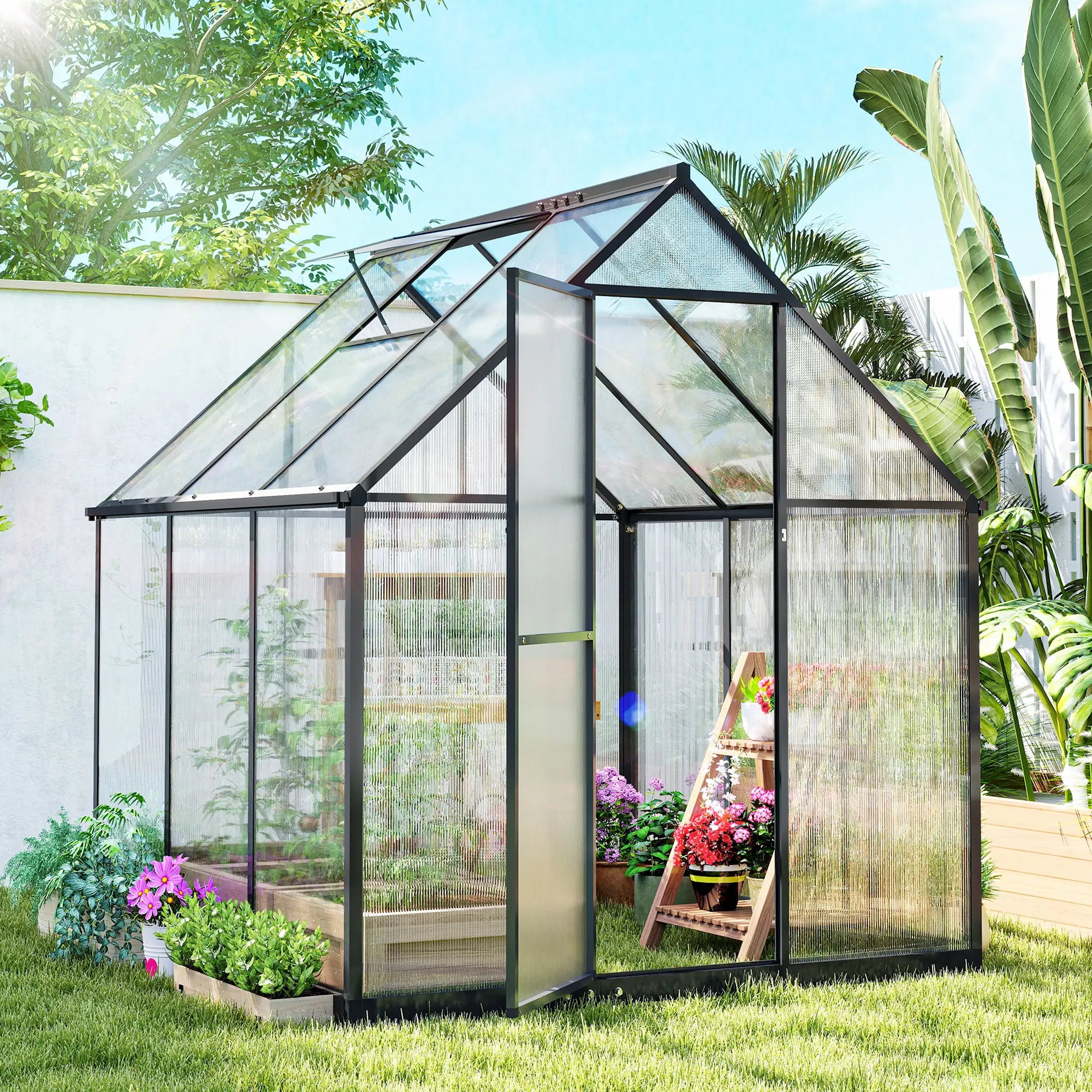 Polycarbonate Greenhouse, Swing Door, Adjustable Window, 6 x 6.5ft, Black Walk In Greenhouses at Gallery Canada