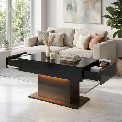 LED Coffee Table with Storage, High Gloss Modern Center Table with 2 Drawers and Remote Control for Living Room, Black