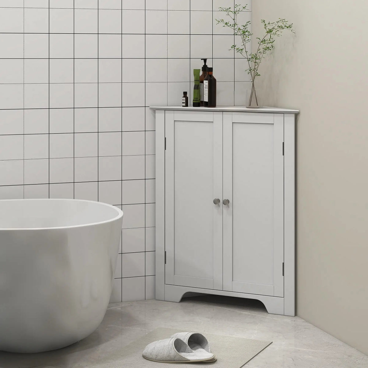 Modern Bathroom Storage Cabinet, Corner with Doors, Adjustable Shelf, White Bathroom Cabinets at Gallery Canada