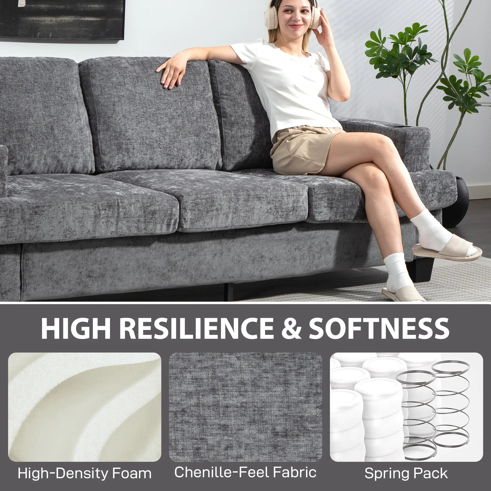 3 Seater Sofa with USB Ports, Cup Holders, Chenille Upholstery, Grey 3-Seater Sofas at Gallery Canada