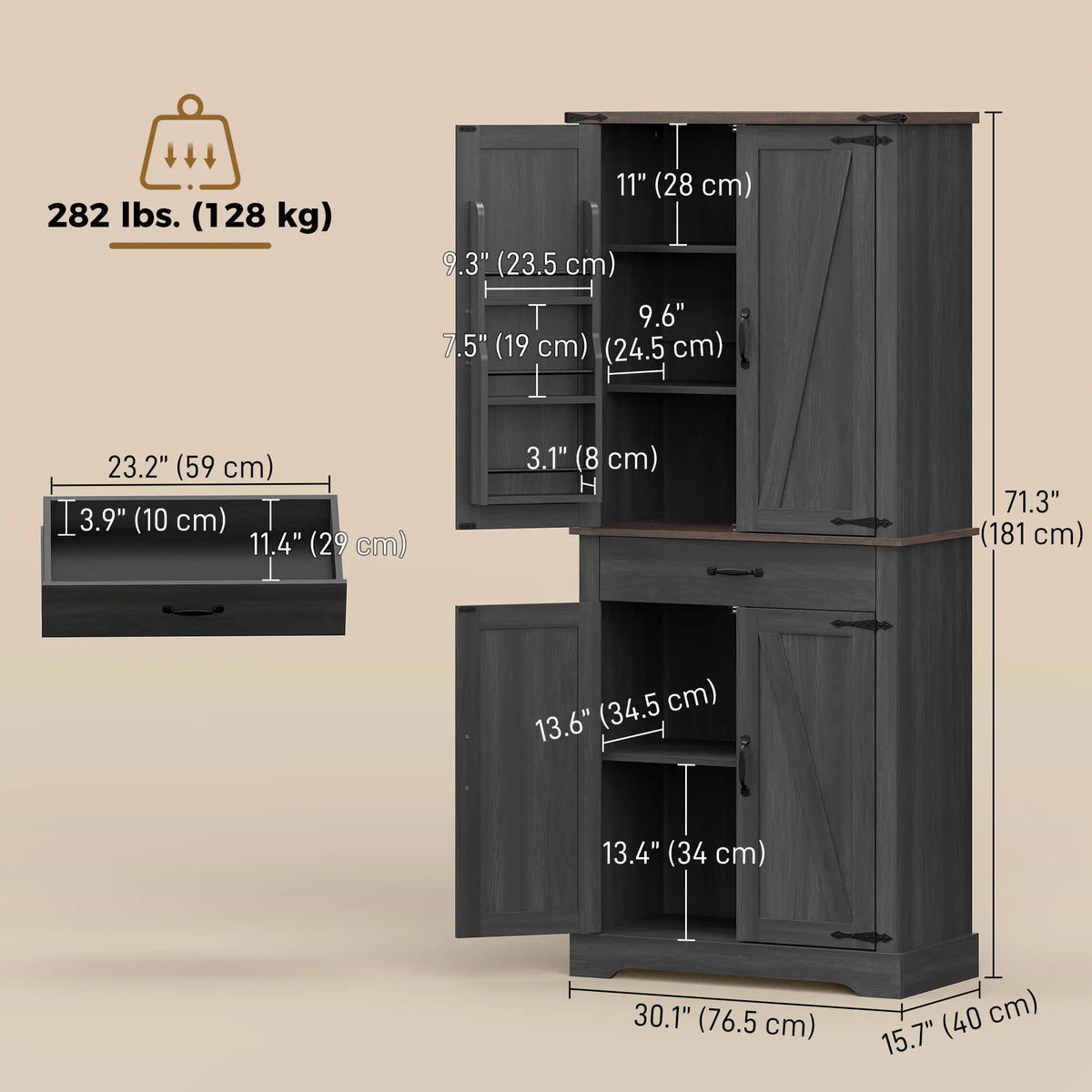 71" Tall Kitchen Cabinet, Farmhouse Pantry with Barn Doors, Drawer, Black